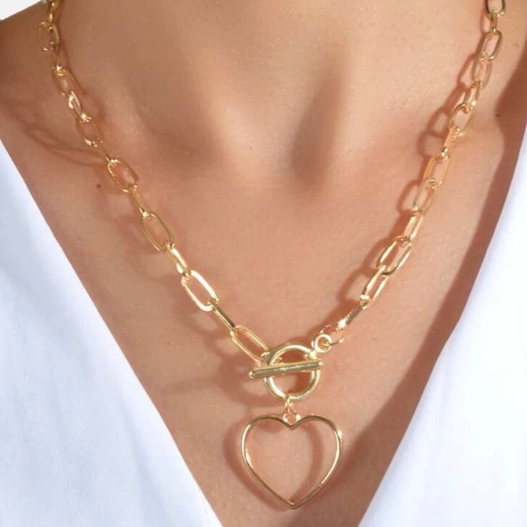 NEW Gold tone Paper Clip Chain Open Heart Toggle Choker Necklace - Picture 1 of 3